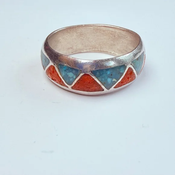 Native American Navajo Turquoise & Coral Sterling Silver 925 Vintage Band Ring - Picture 6 of 8